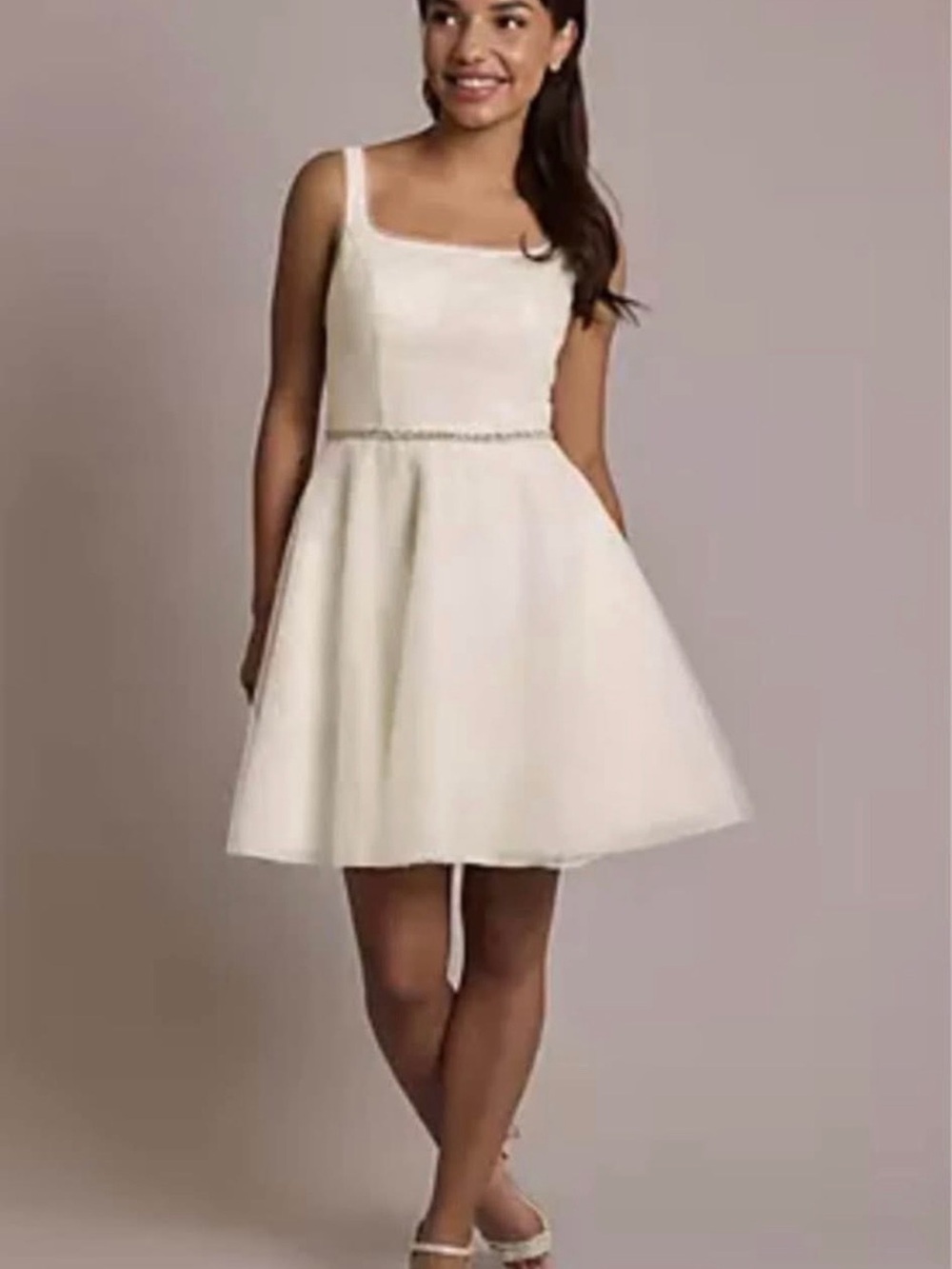 David's Bridal ivory all over glitter Square-Neck Fit & Flare Mini Dress